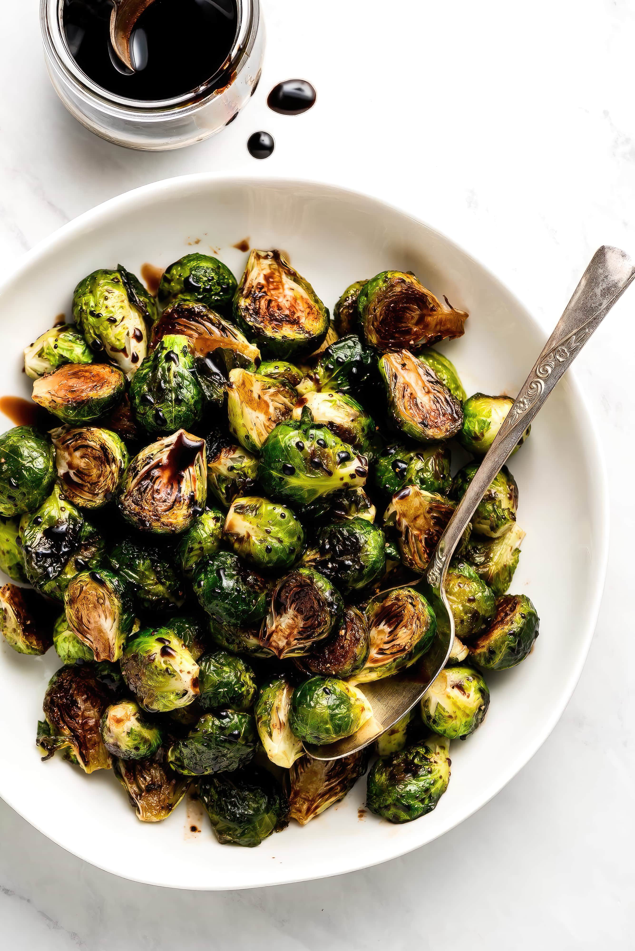 Close-up of Roasted Brussels Sprouts with Balsamic Glaze
