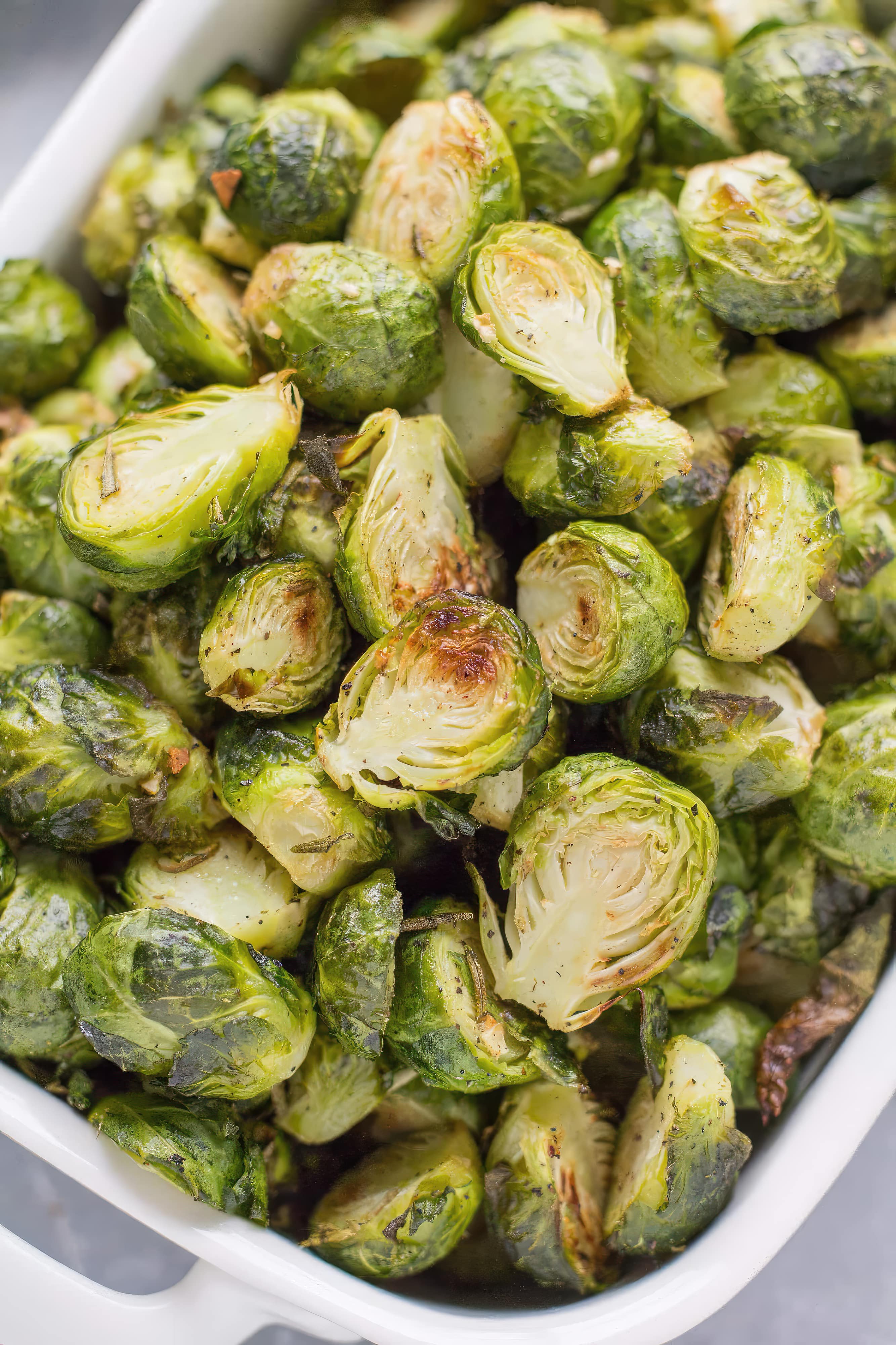 Close-up of garlic roasted brussels sprouts