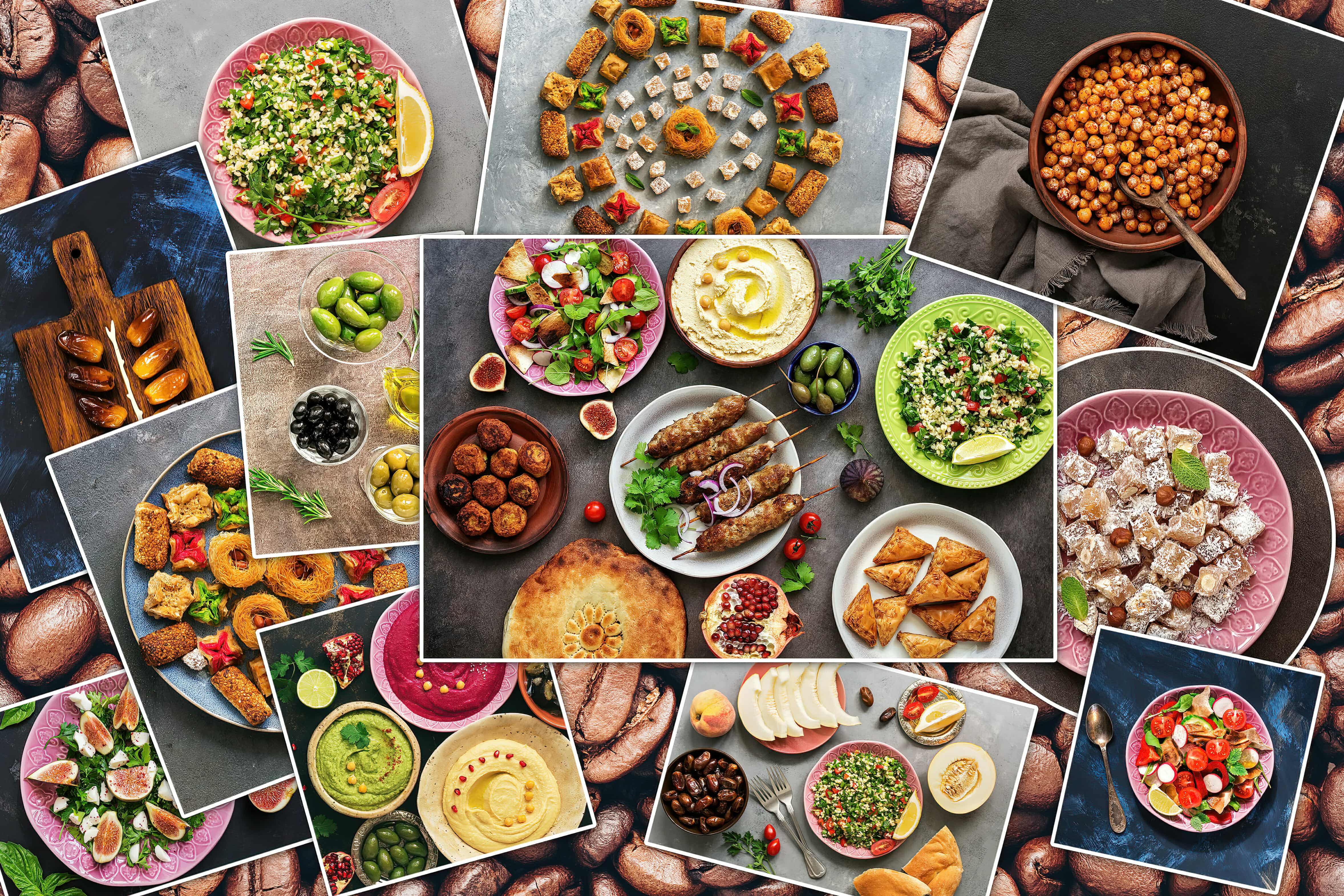 Collage of various traditional Arabic and Middle Eastern food