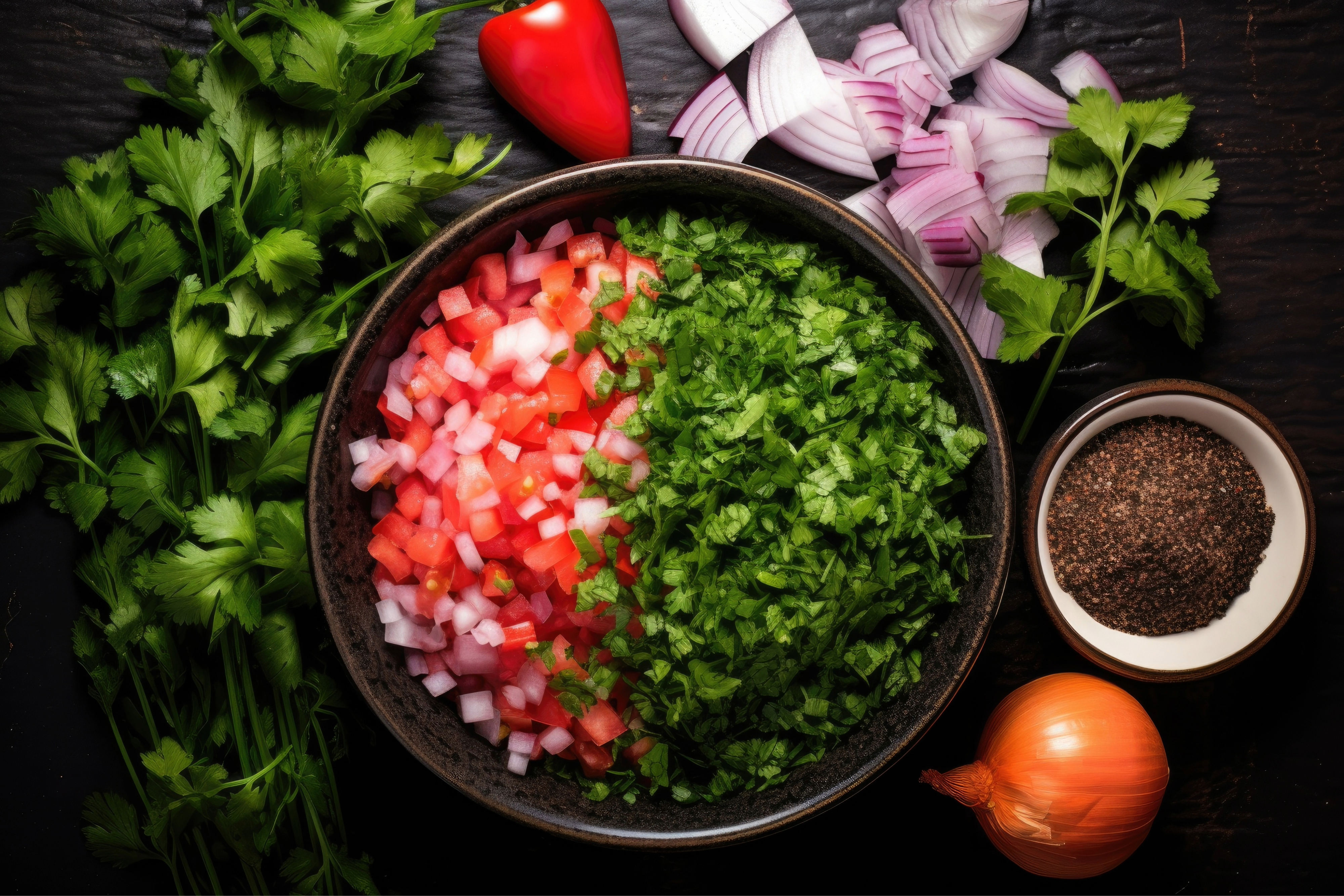 Top view of Pico de Gallo ingredients mixed in a bowl