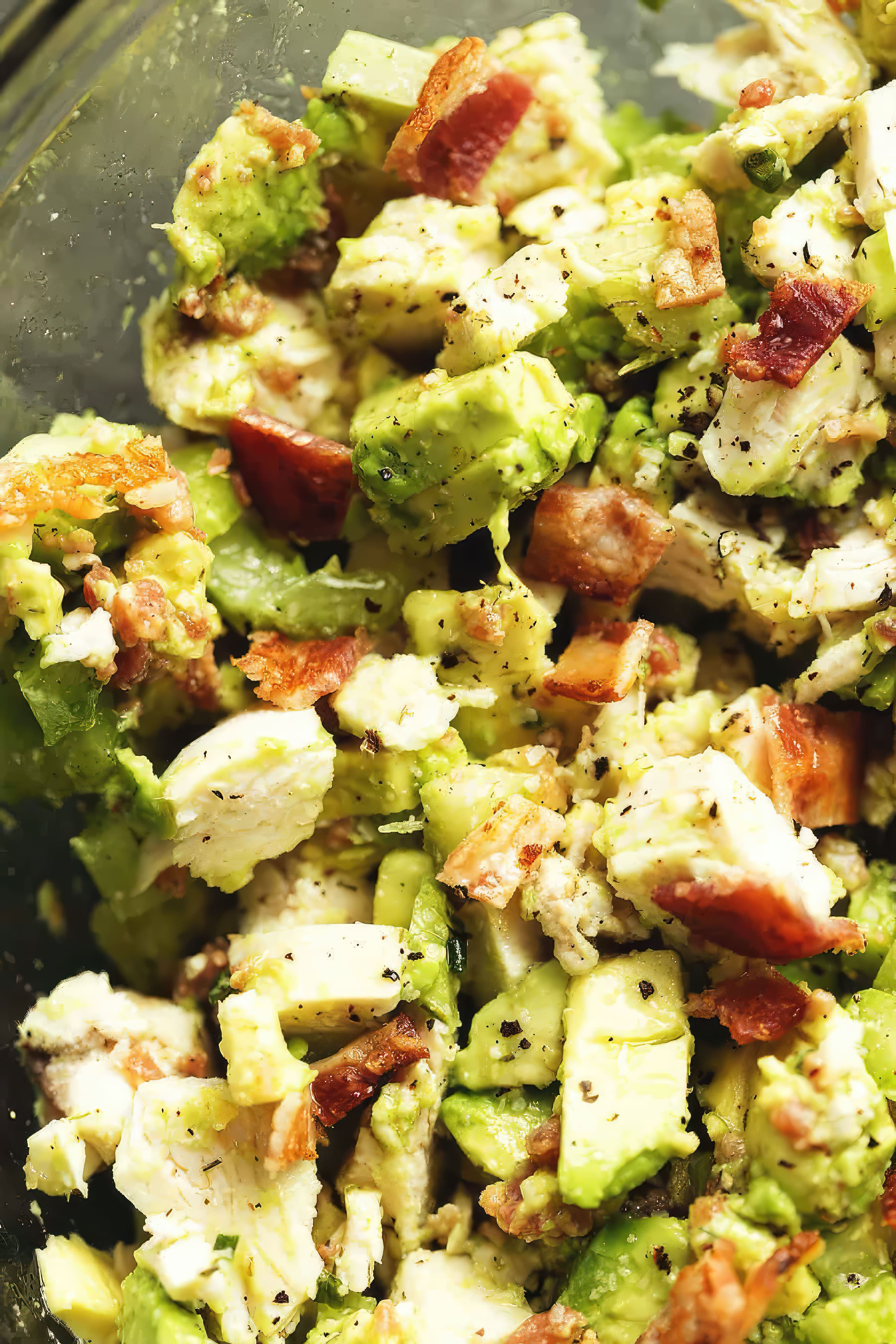 Close-up of keto chicken salad with avocado and bacon