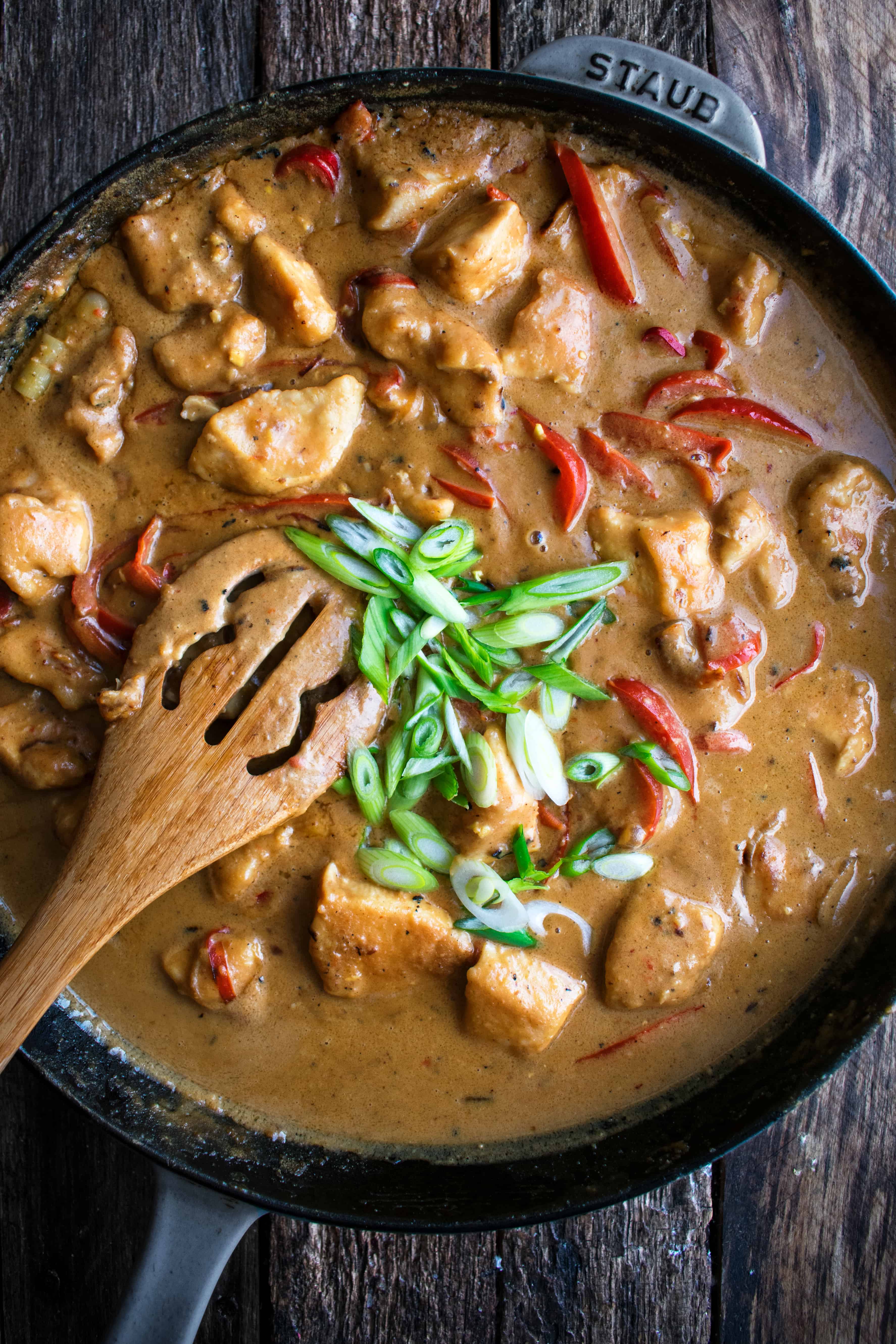 Close-up of spicy thai peanut chicken