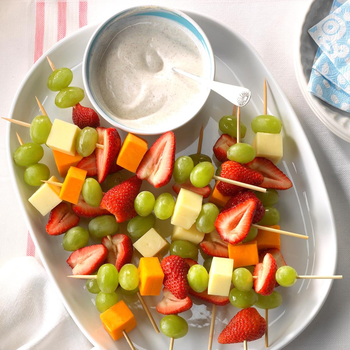 Close-up of fruit and cheese kabobs
