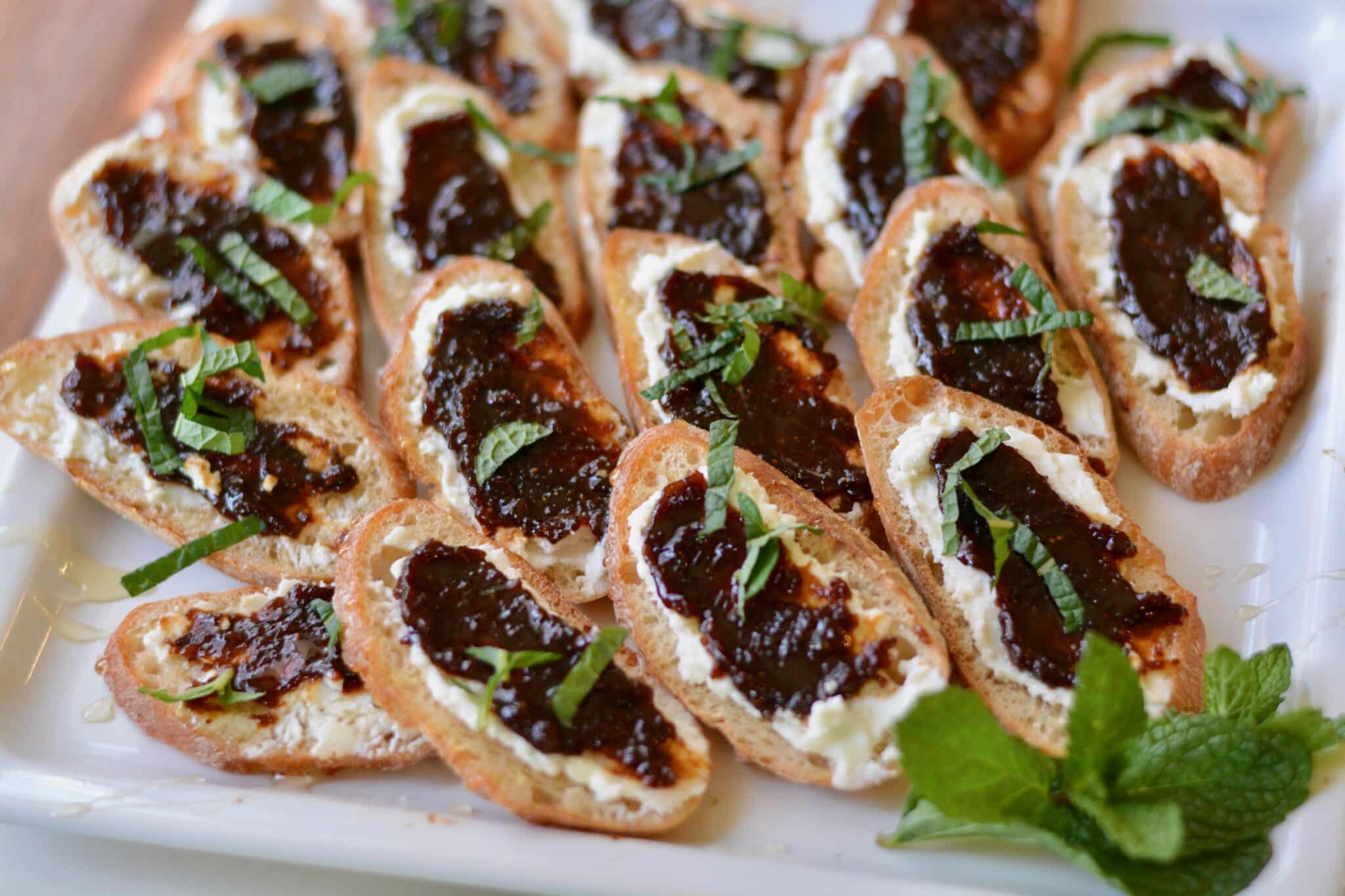 Close-up of fig and goat cheese crostini