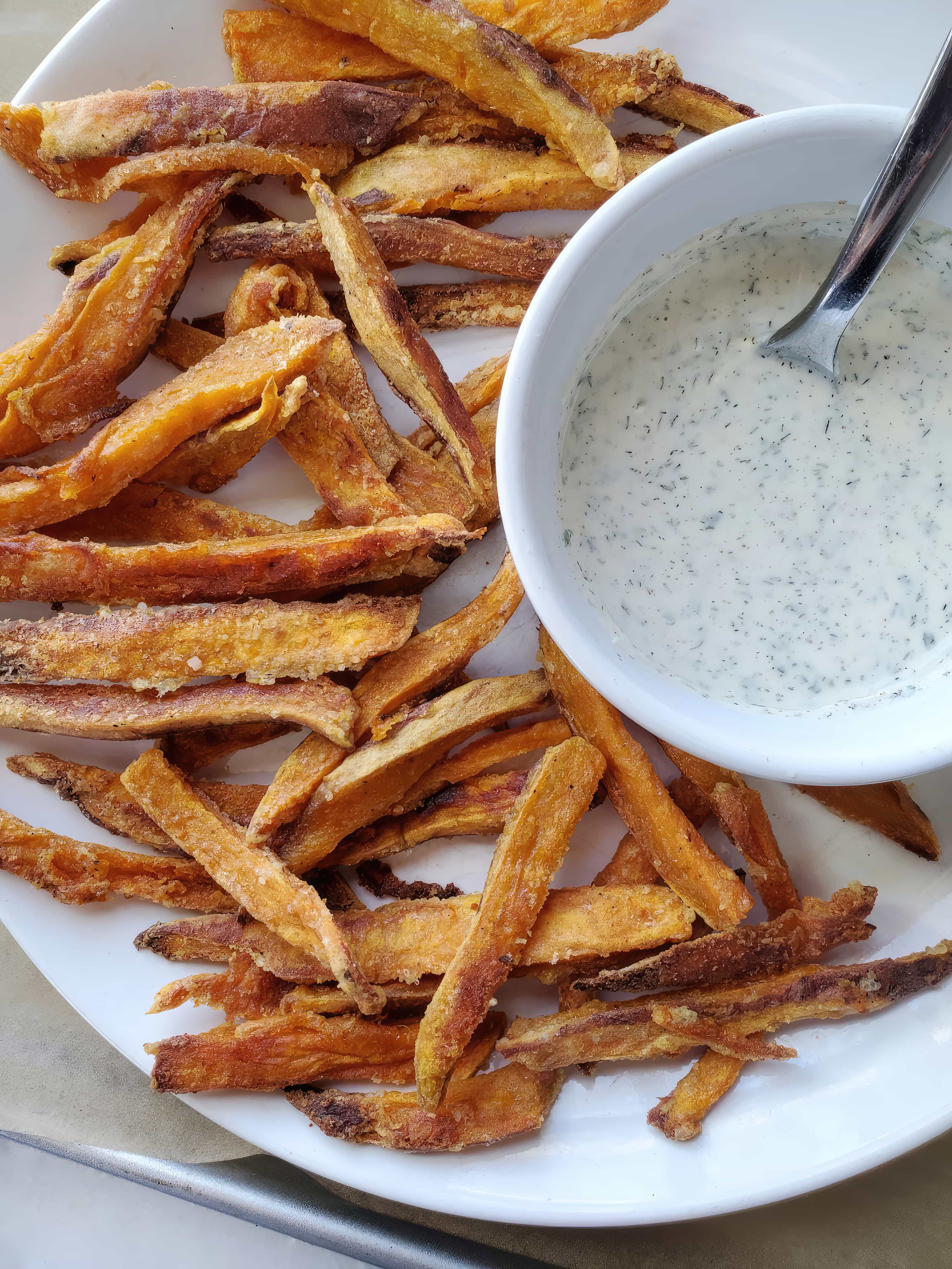 Close-up of Crispy Sweet Potato Fries with Dairy-Free Ranch