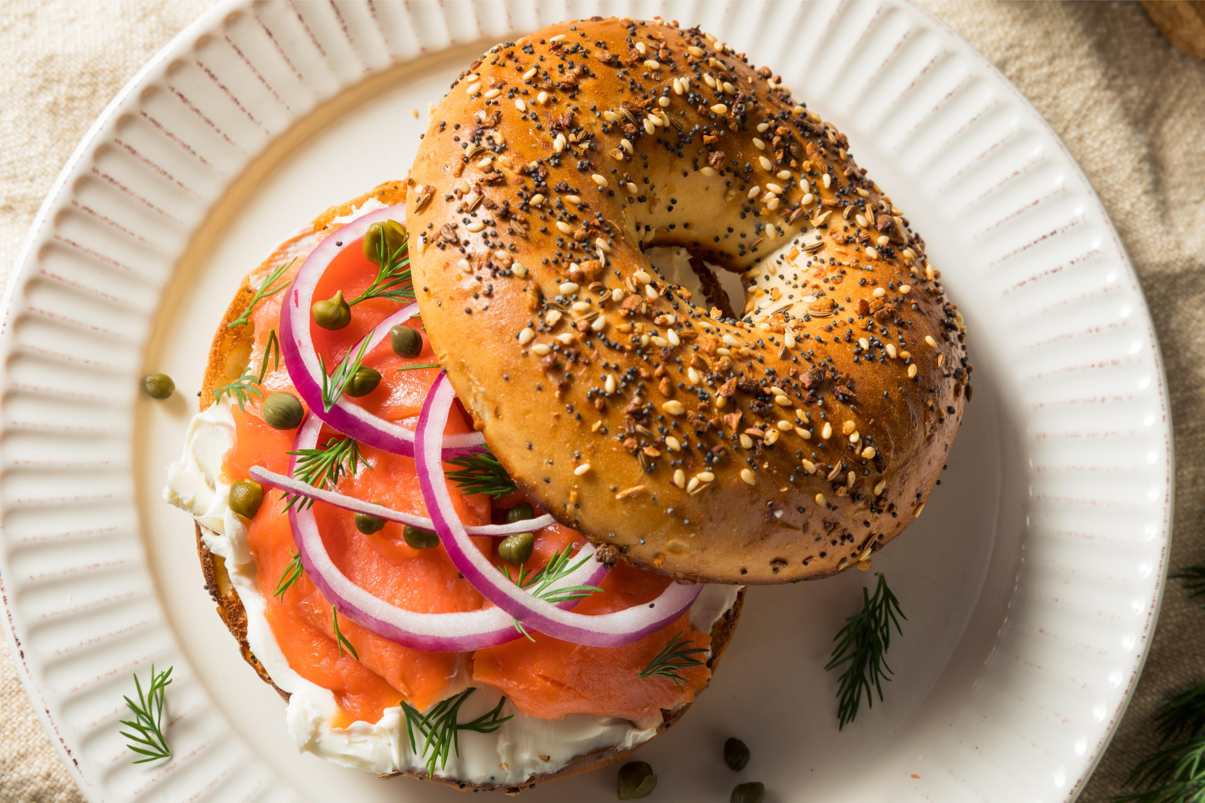 Close-up of homemade bagel and salmon lox
