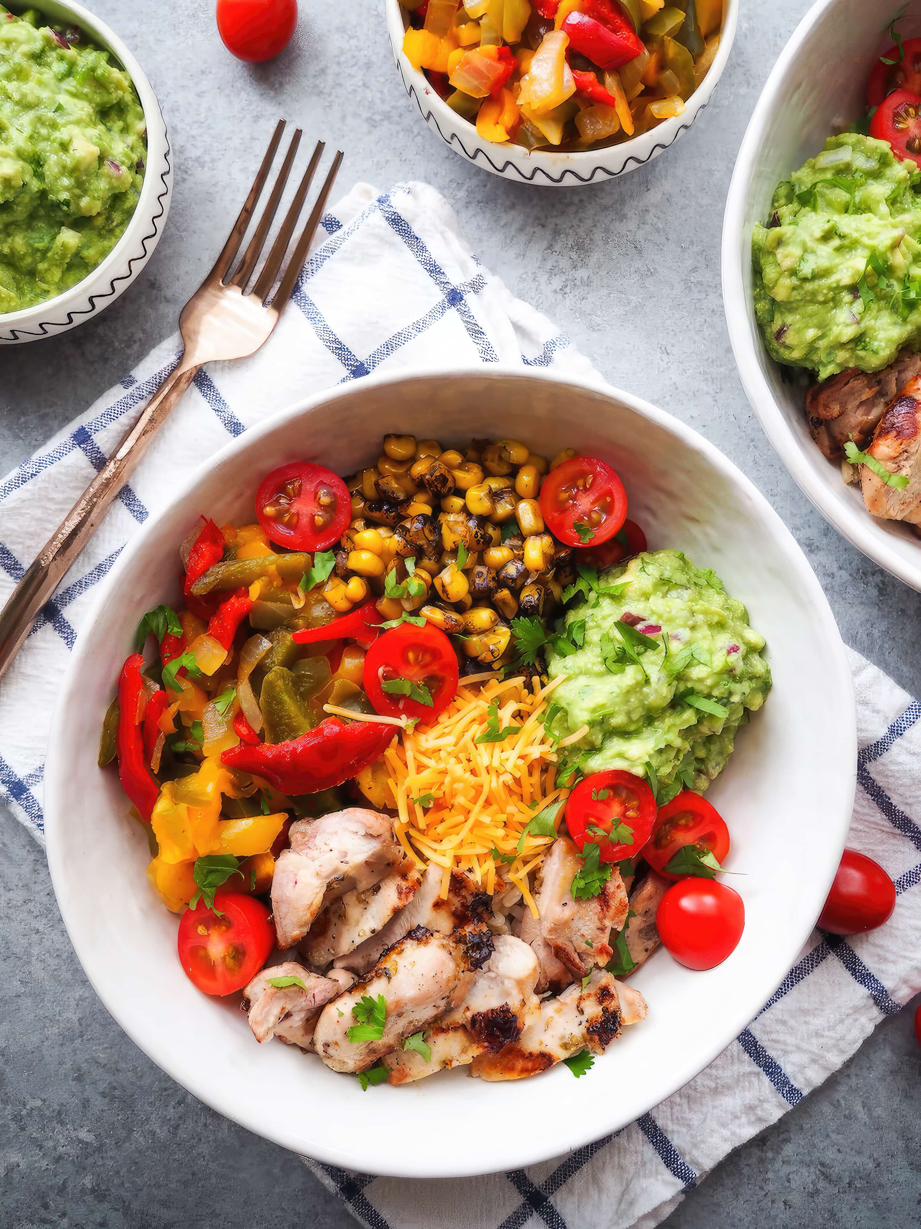 Image of easy chicken burrito bowl with homemade guacamole