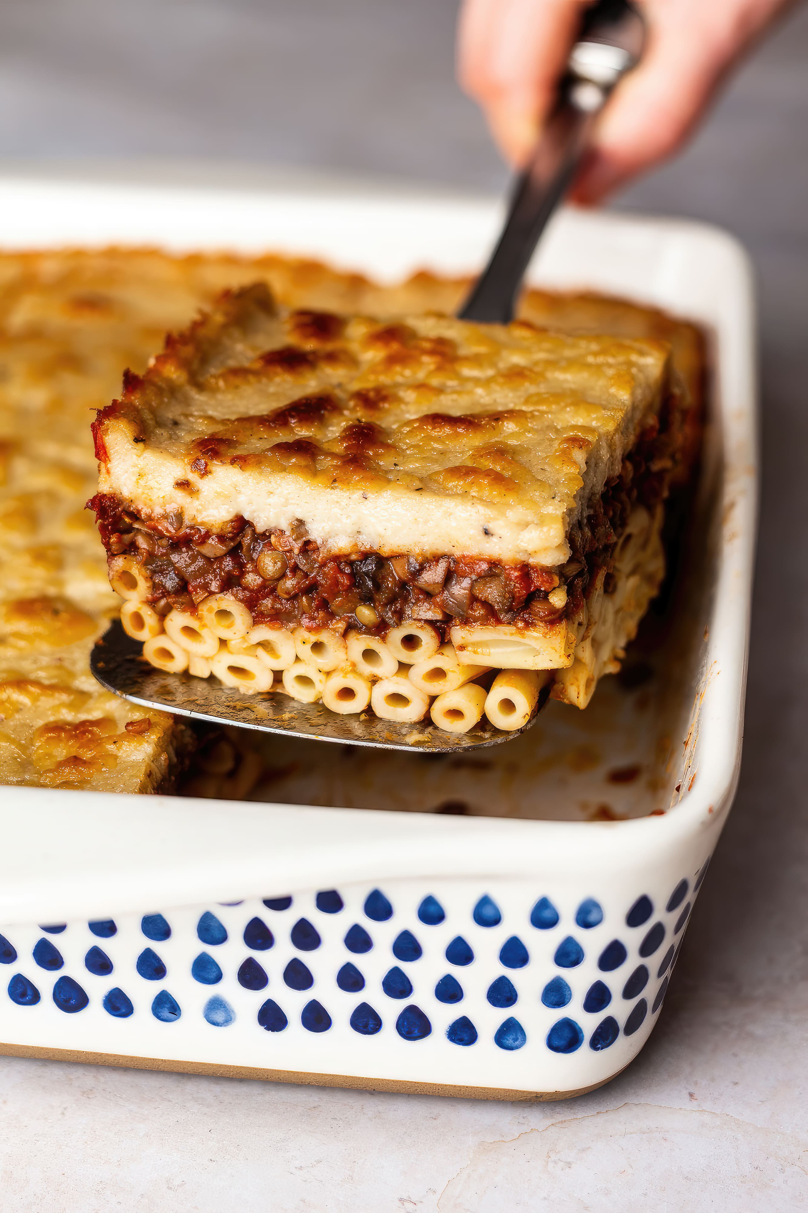 Close-up of vegan pastitsio greek lasagna