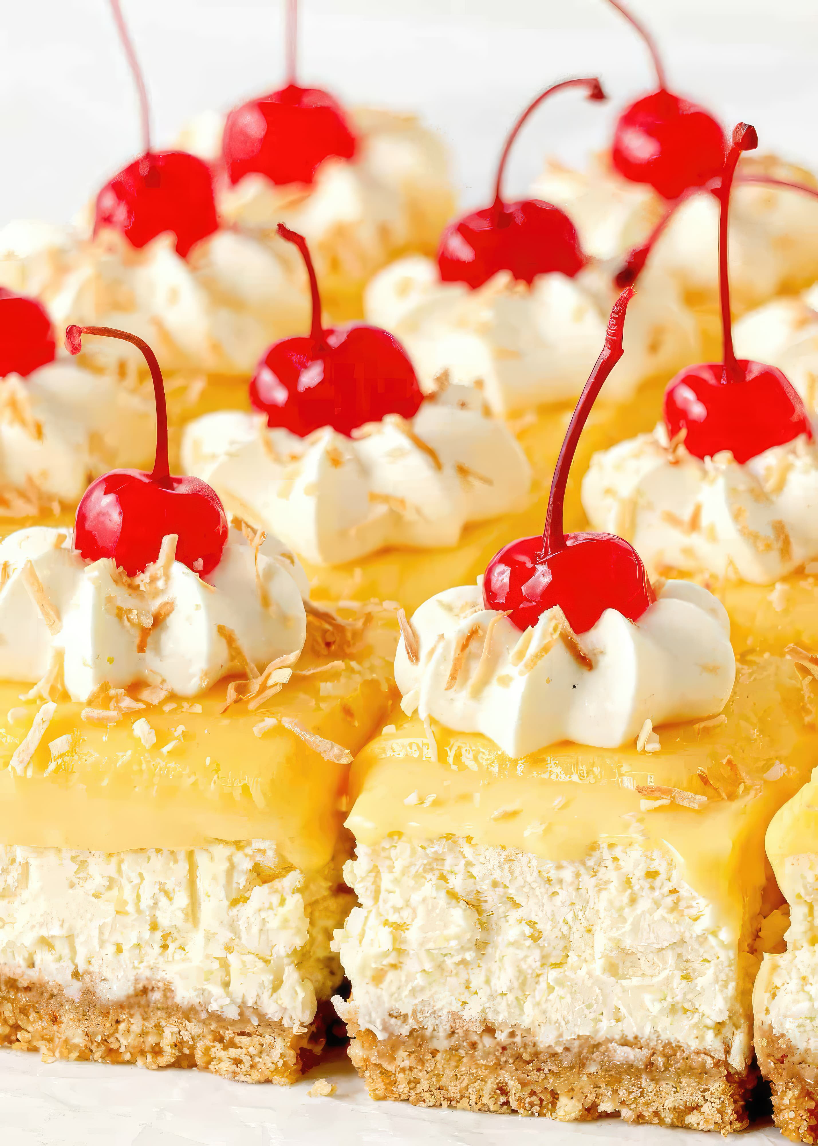 Close-up of piña colada cheesecake bars
