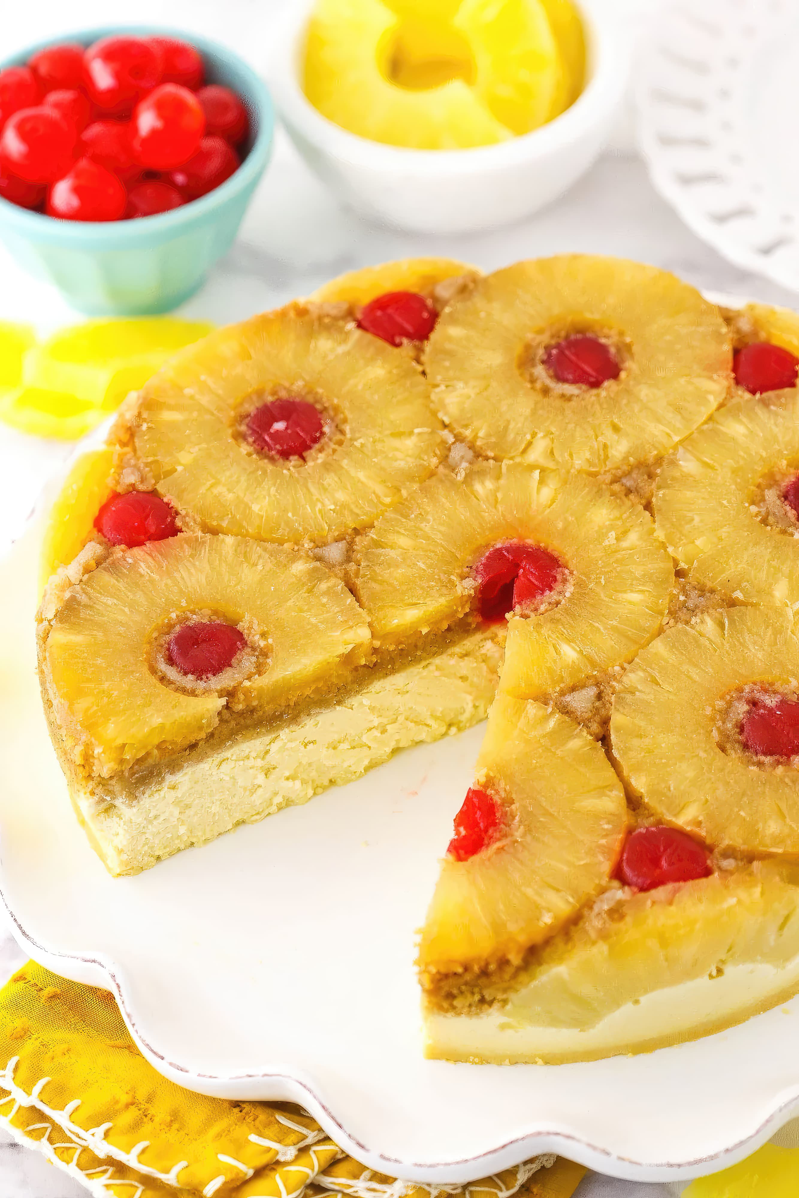 Close-up of pineapple upside-down cheesecake