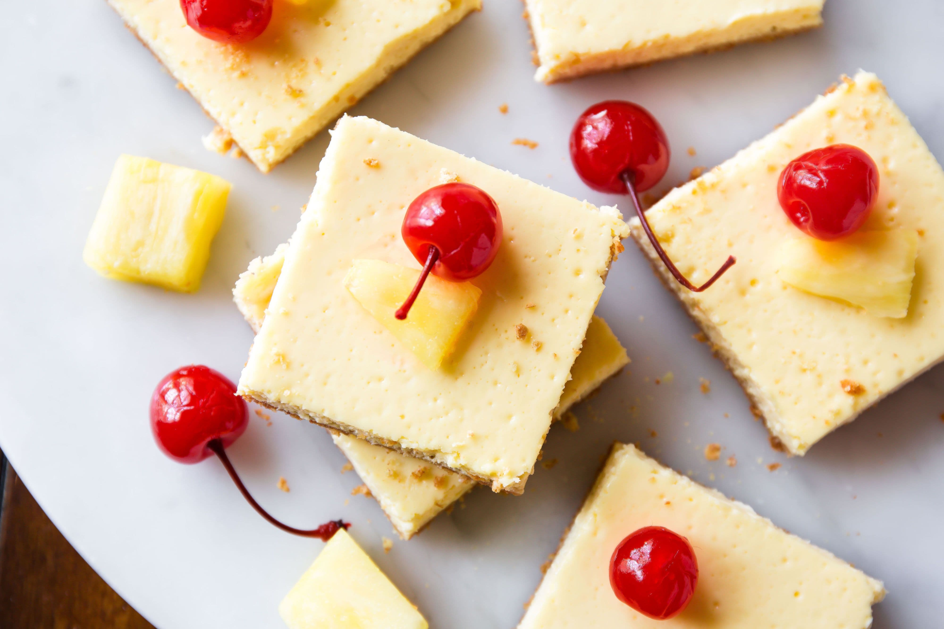 Close-up of skinny pineapple cheesecake bars