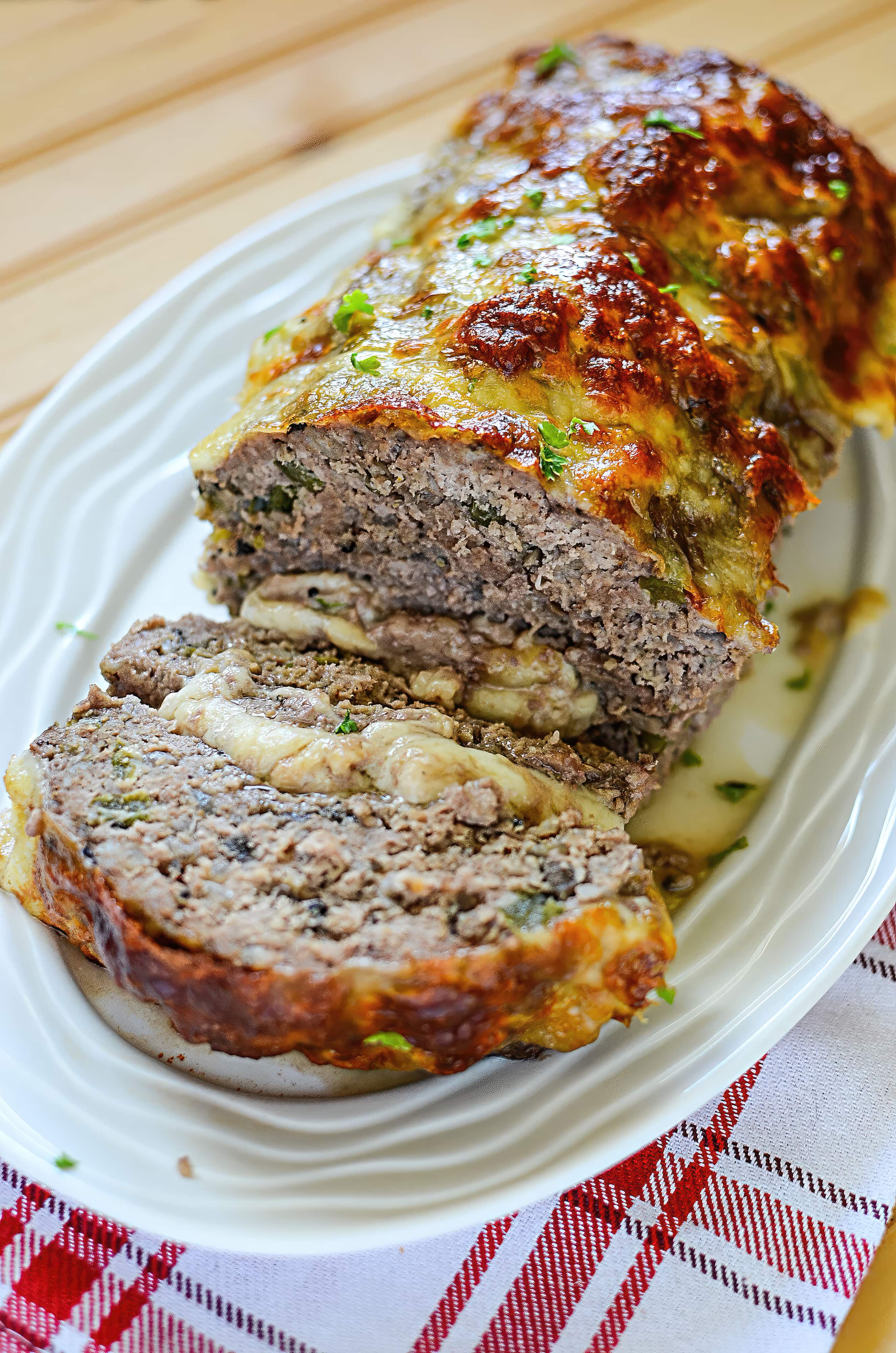 Close-up of philly cheesesteak meatloaf