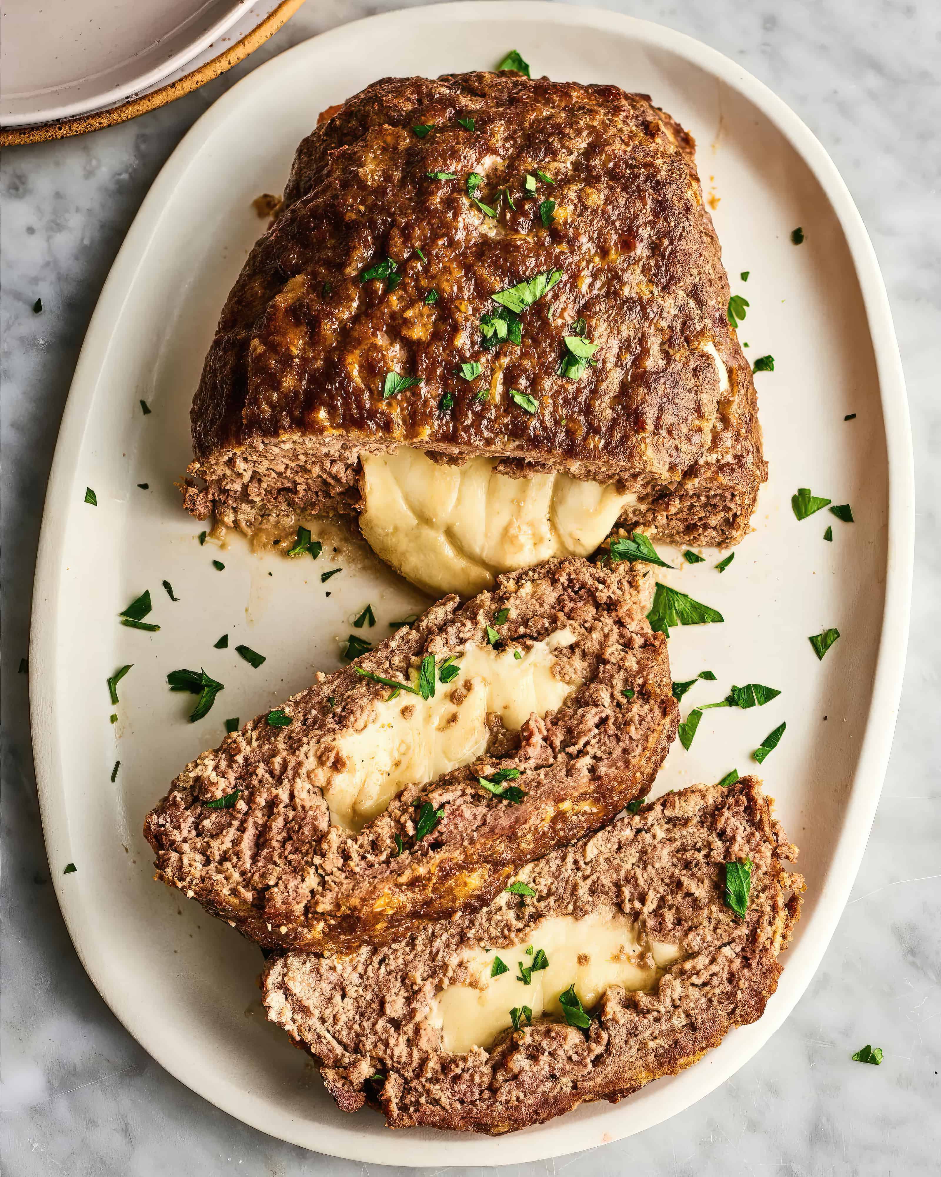Close-up of cheesy keto meatloaf
