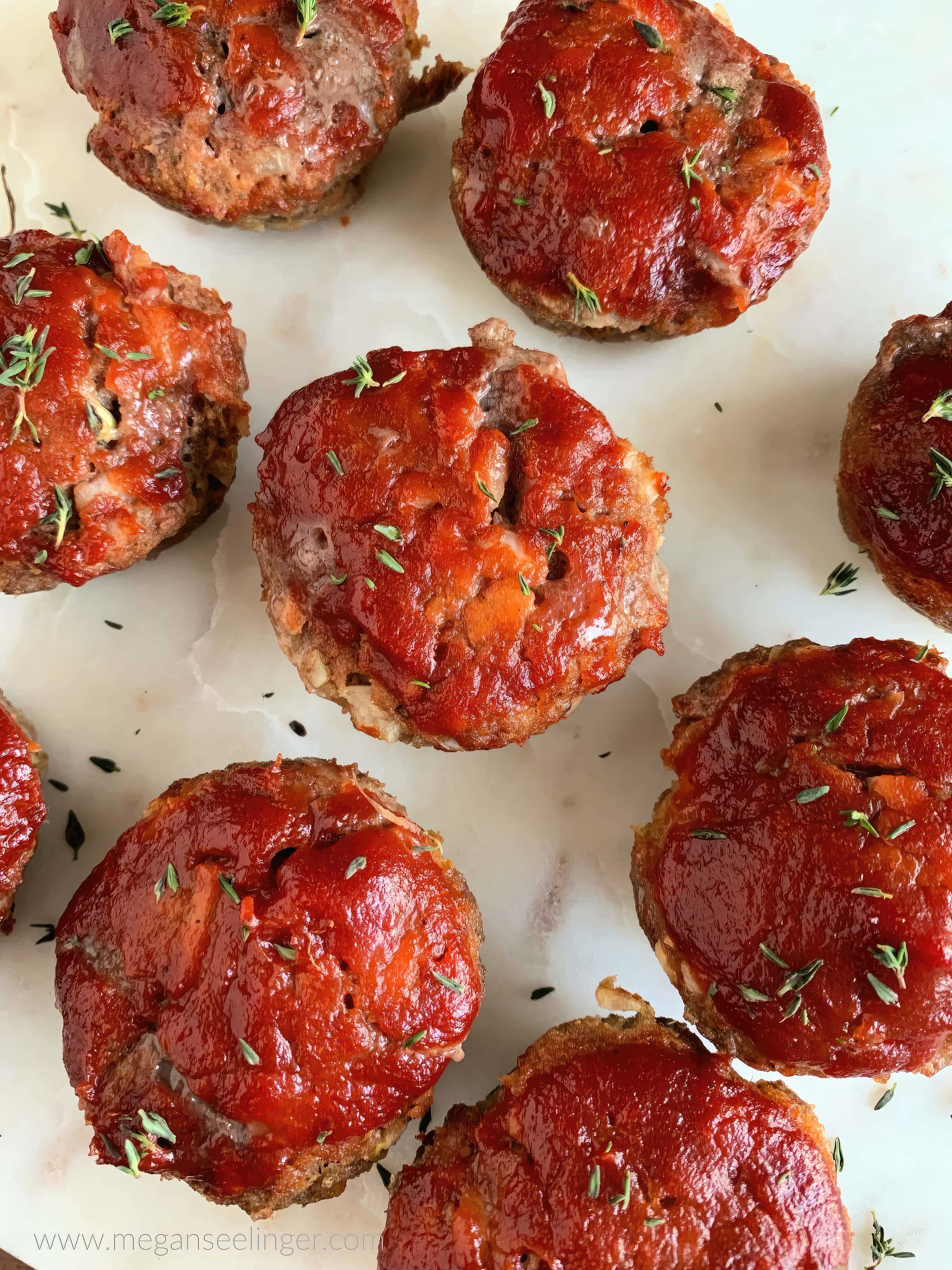 Close-up of keto meatloaf minis with low carb ketchup