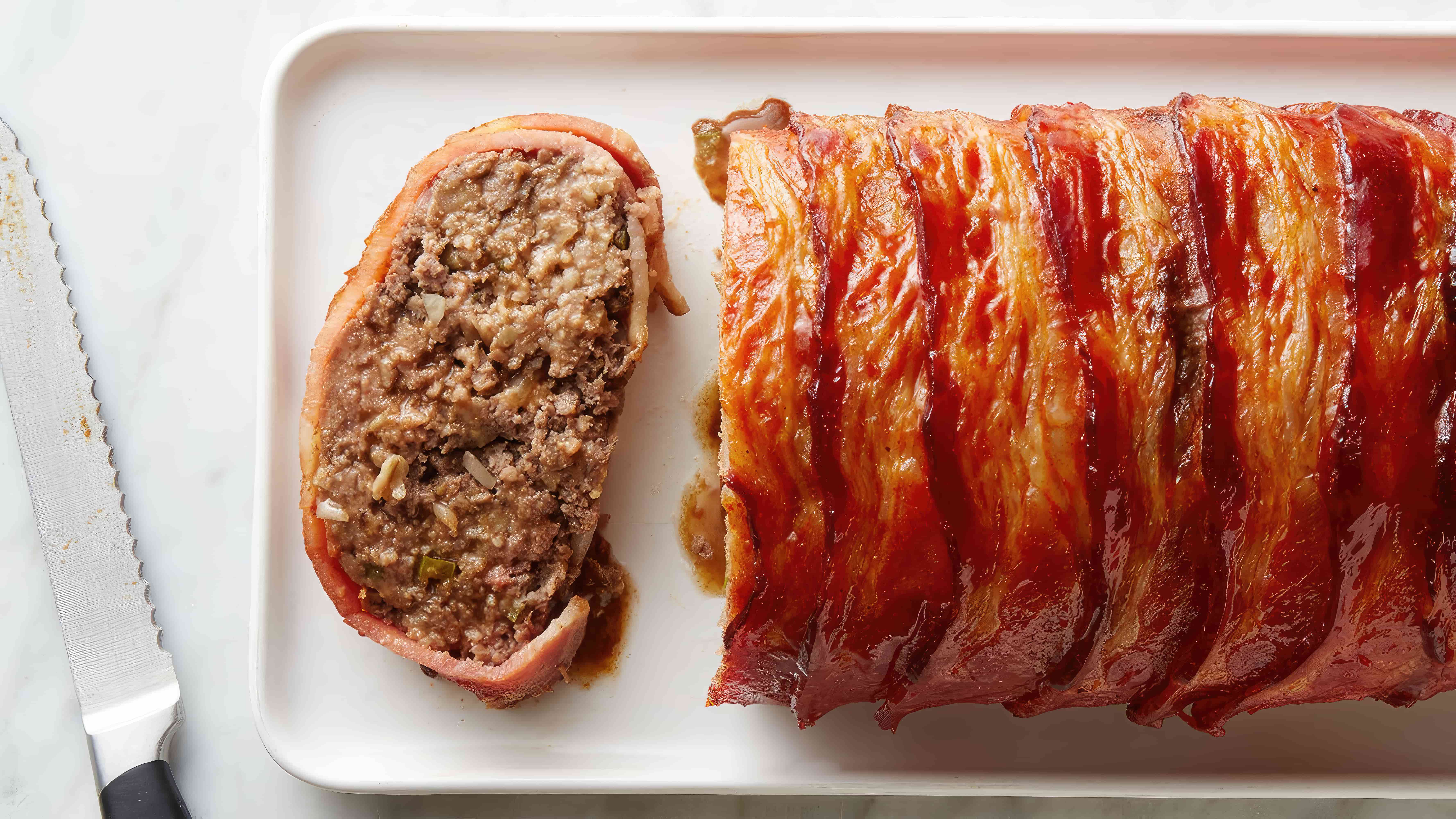 Close-up of bacon-wrapped meatloaf