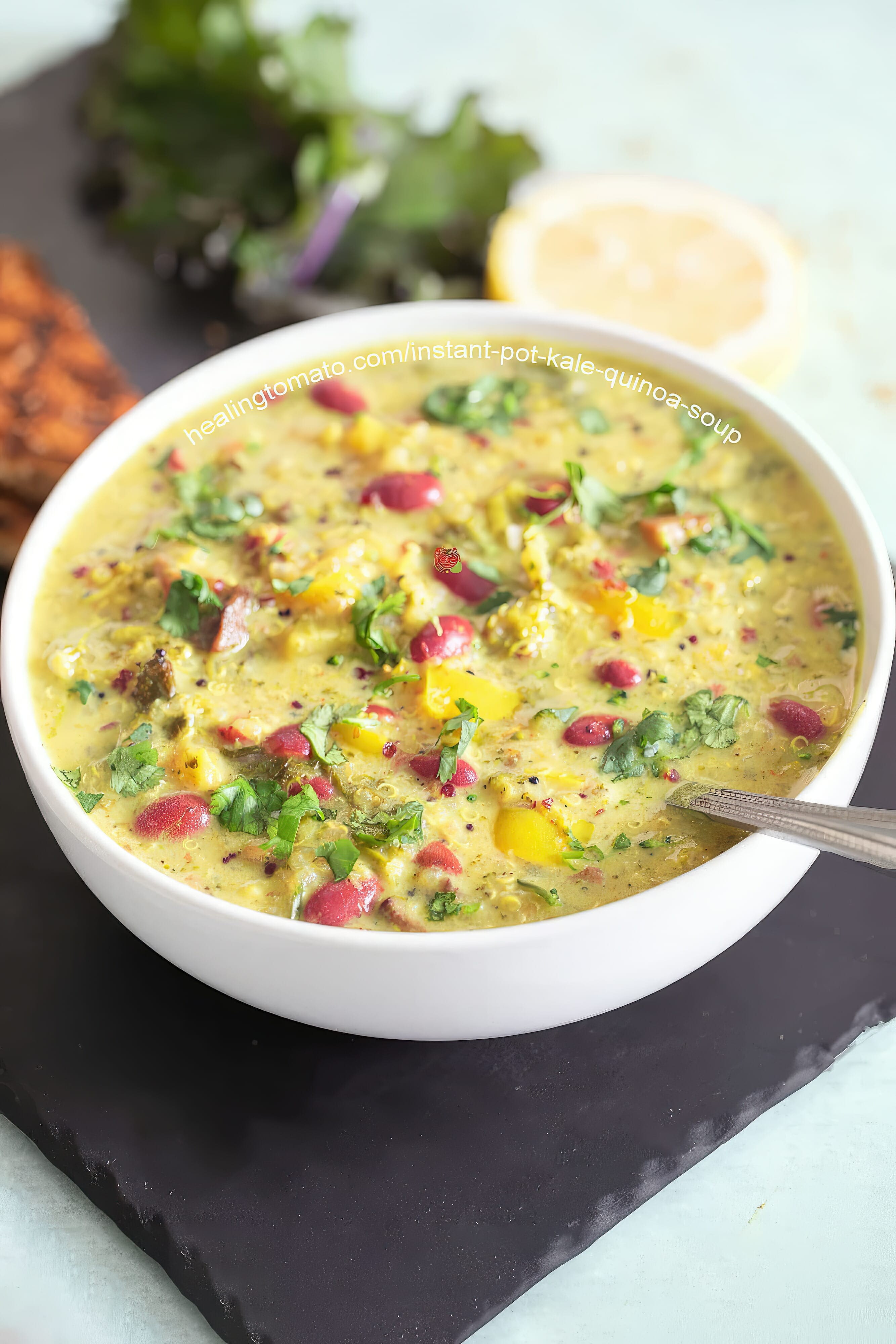 Close-up of instant pot kale and quinoa soup
