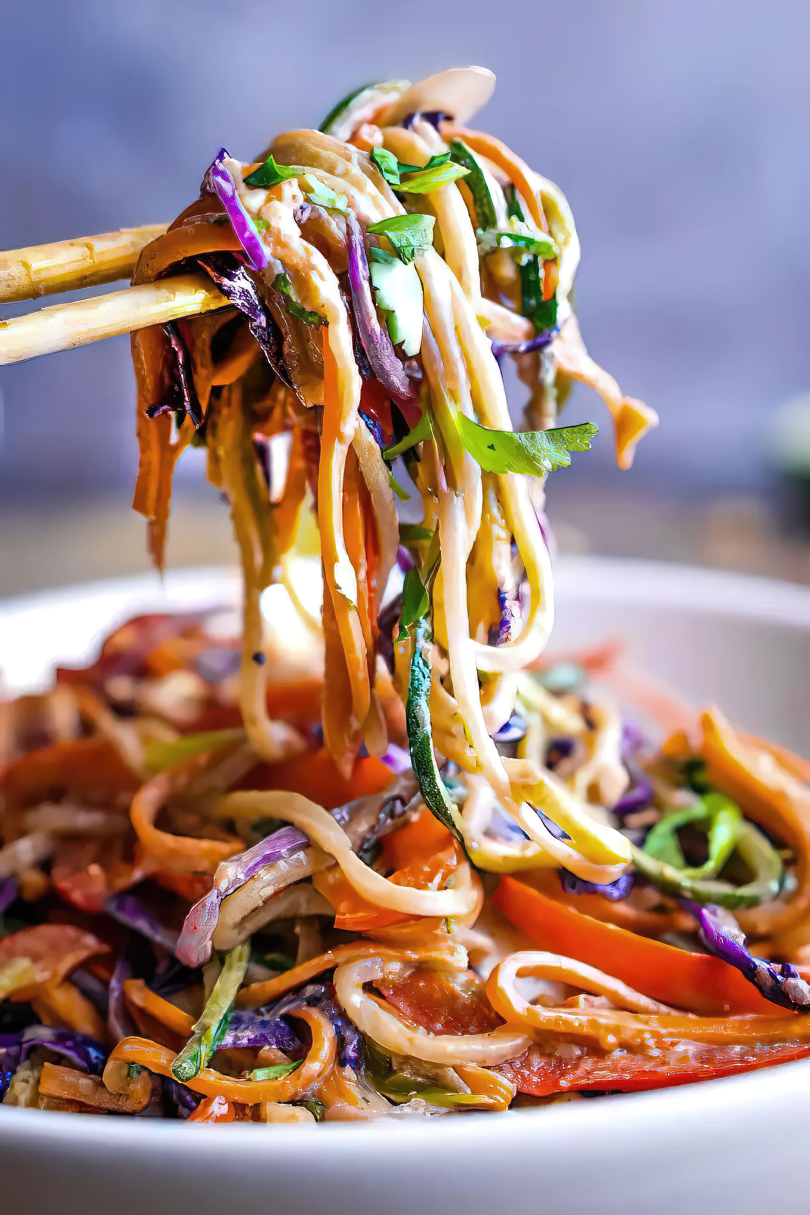 Close-up of thai peanut zucchini noodles