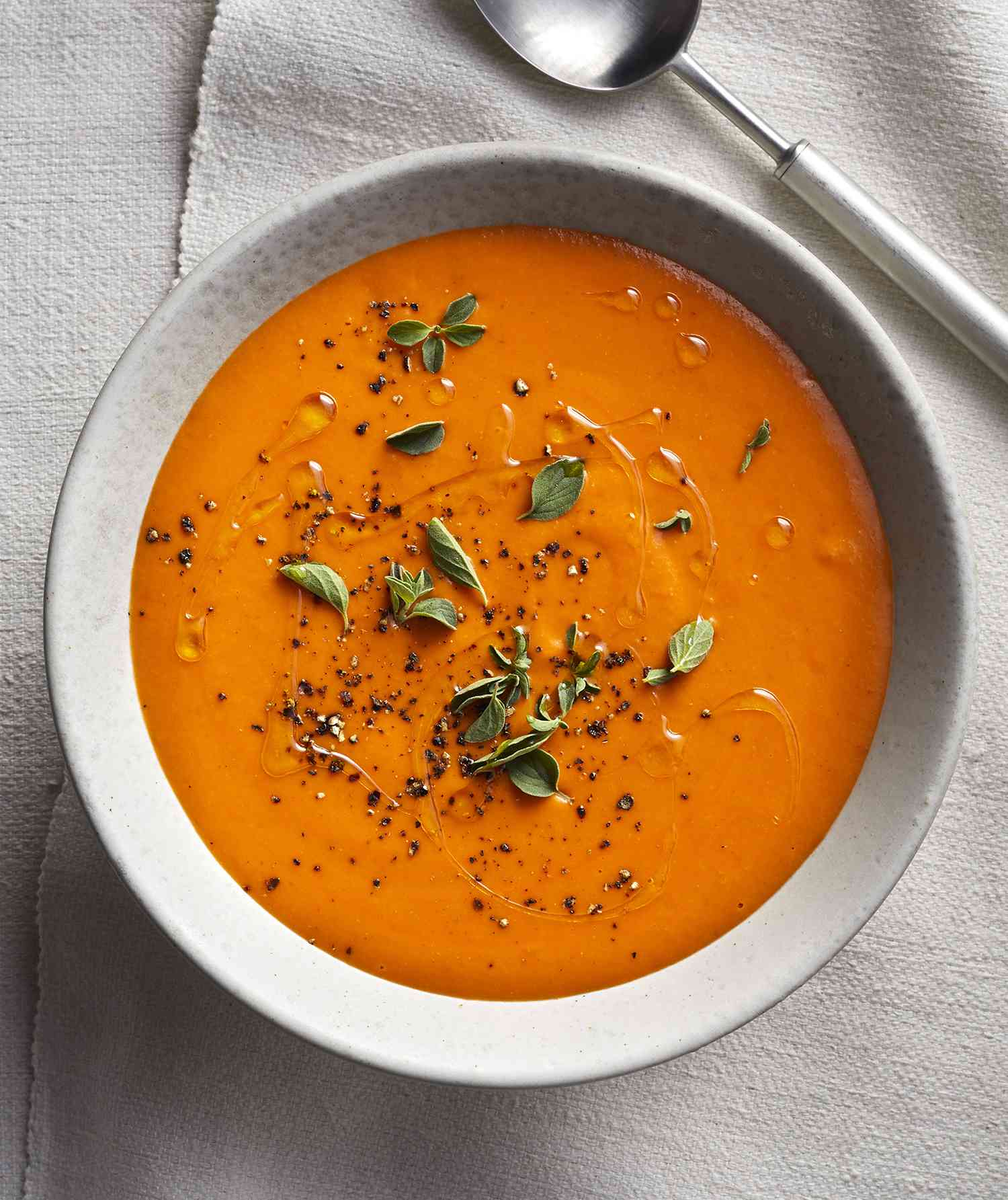 Close-up of creamy vegan tomato soup