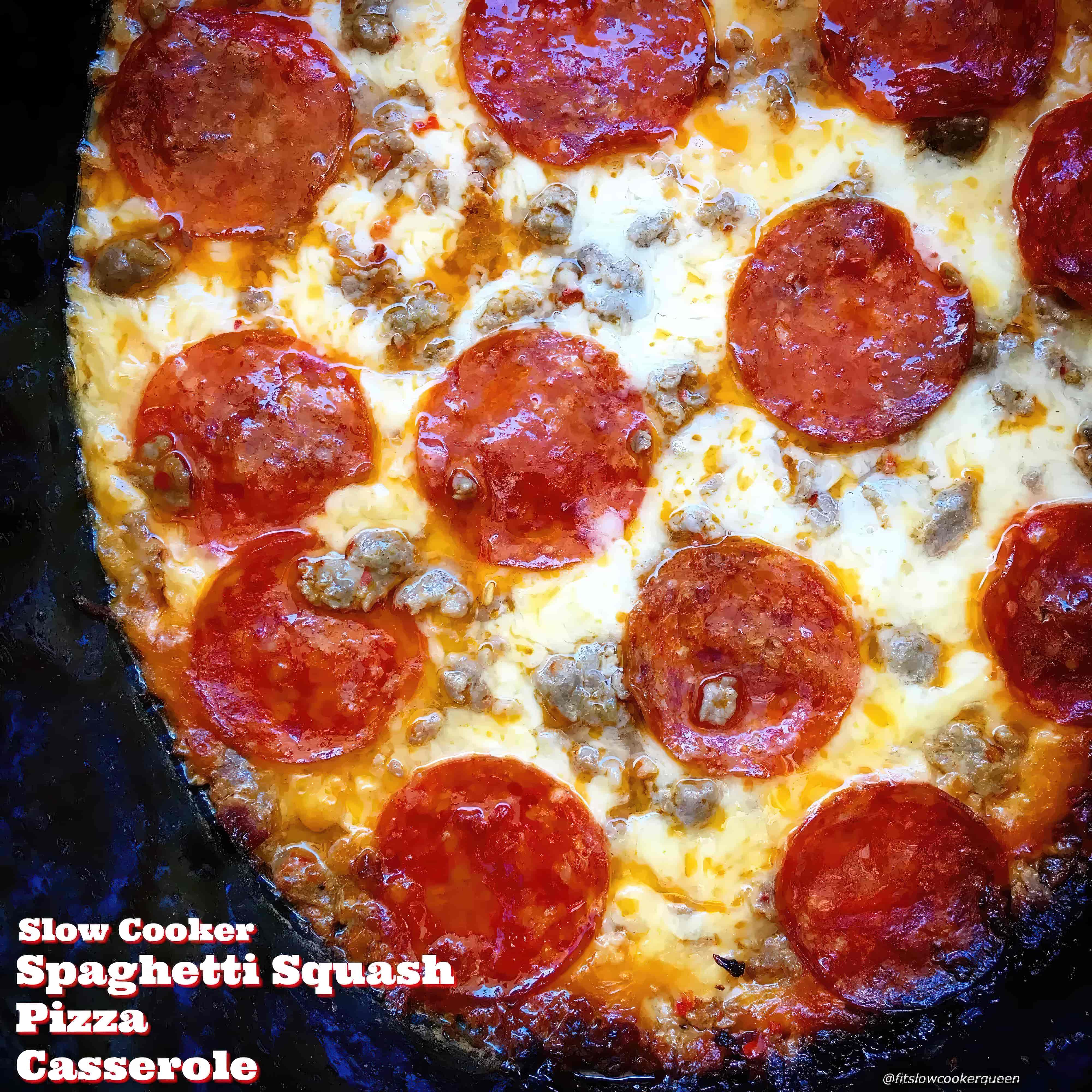Close-up of slow cooker spaghetti squash pizza casserole