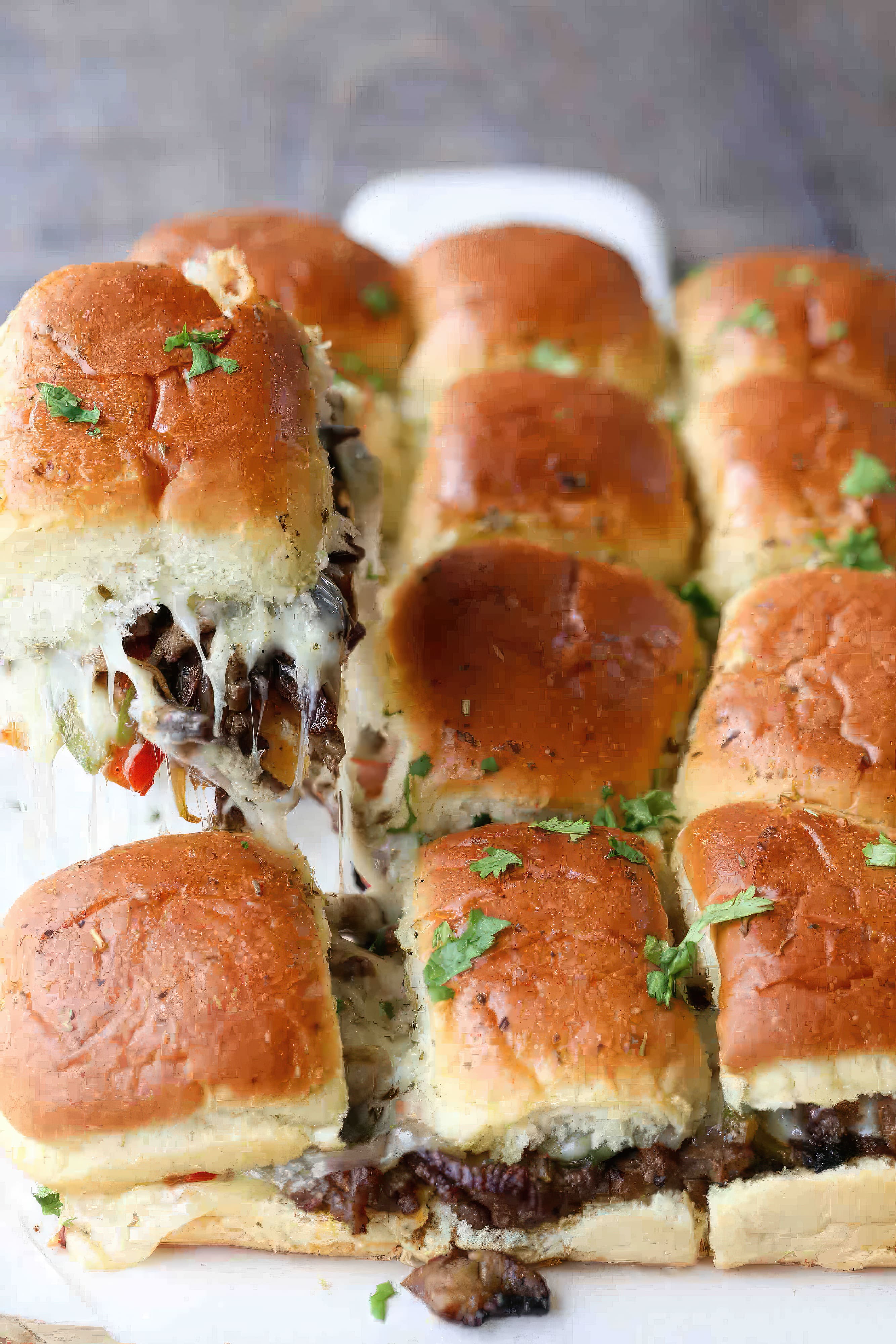 Close-up of philly cheese steak sliders