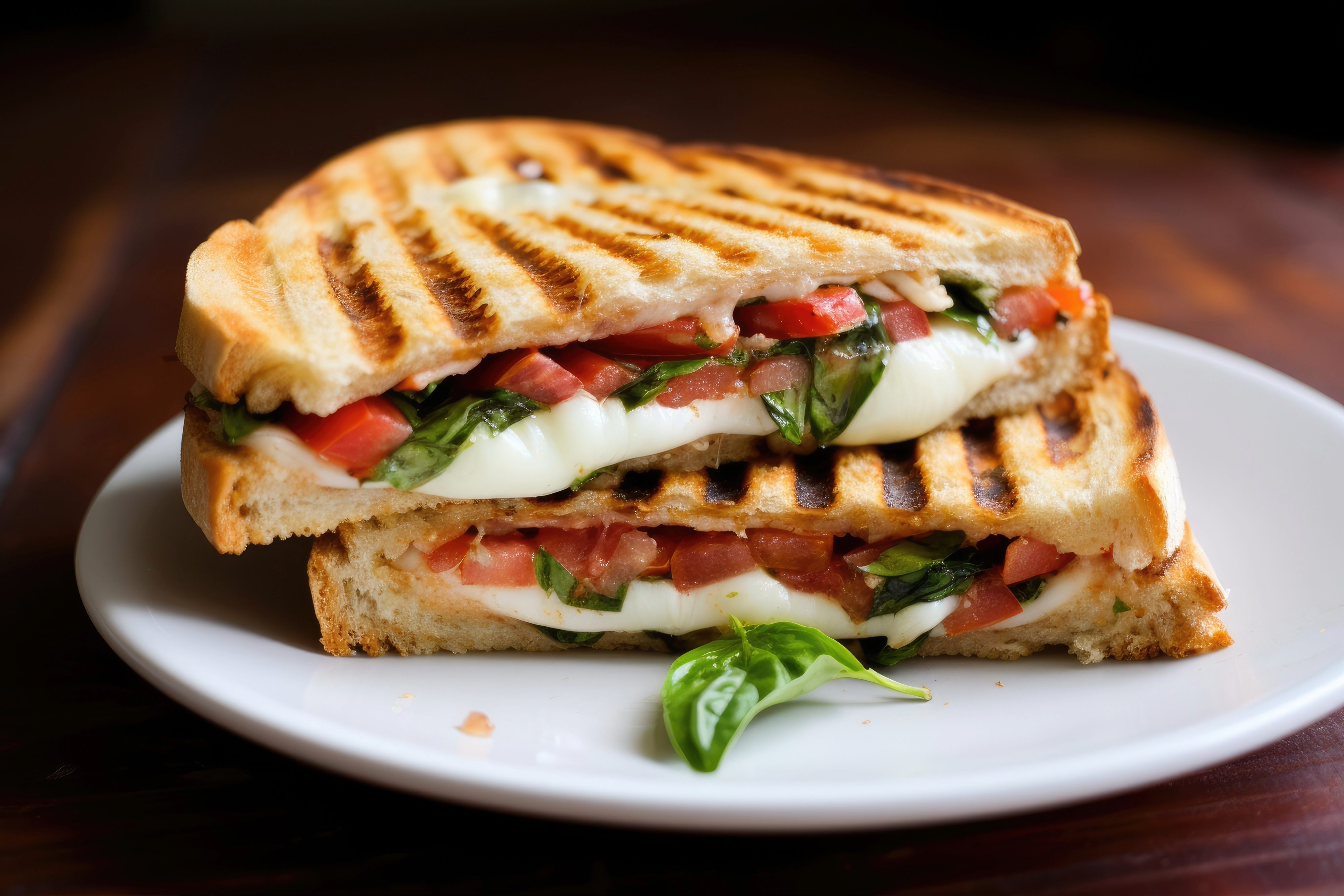 Close-up of grilled cheese sandwich with tomatoes and basil