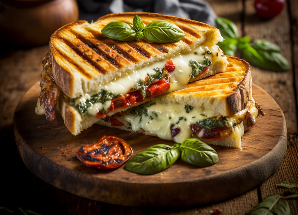 Close-up of grilled cheese sandwiches with sun-dried tomato pesto on a cutting board
