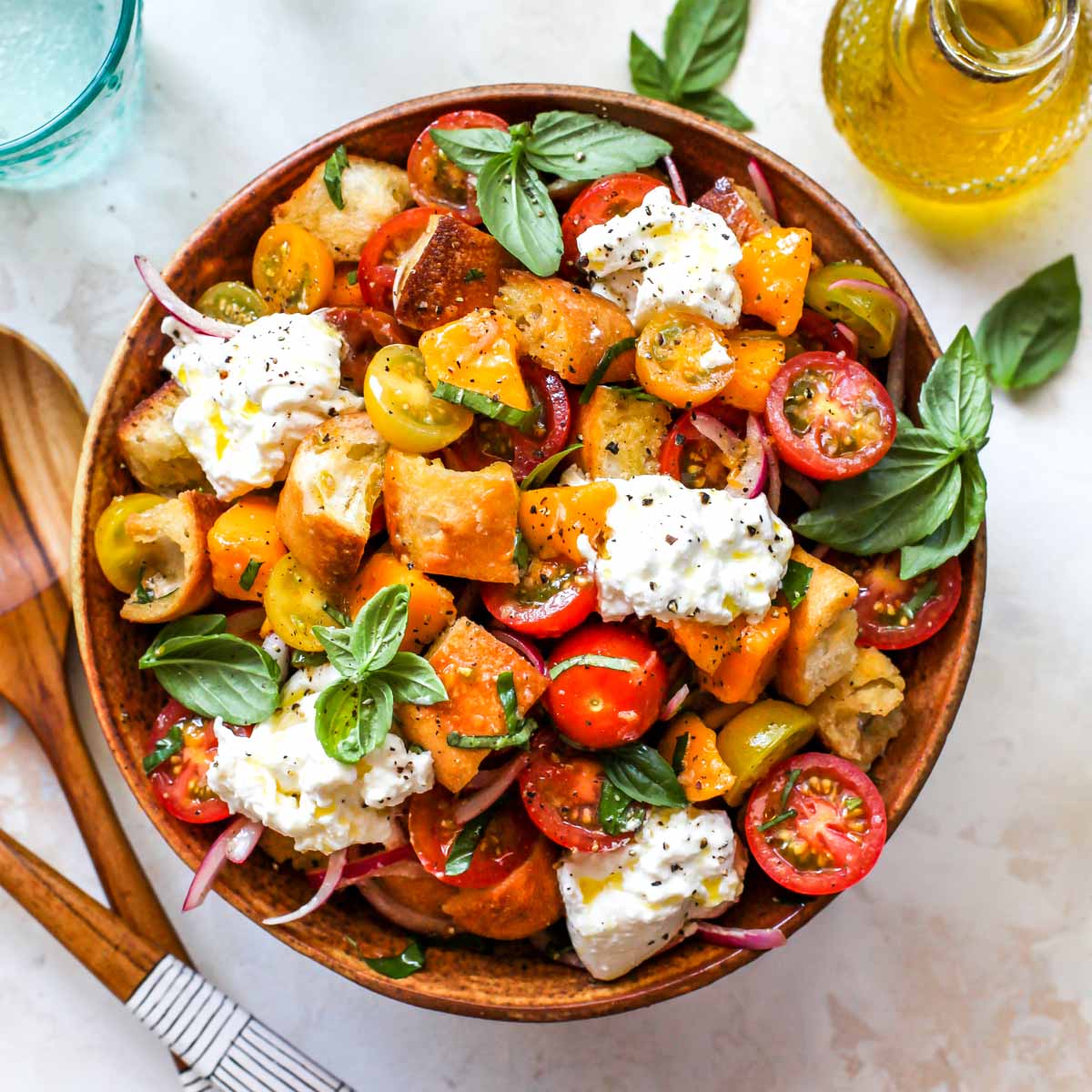 Close-up of summer panzanella on a table