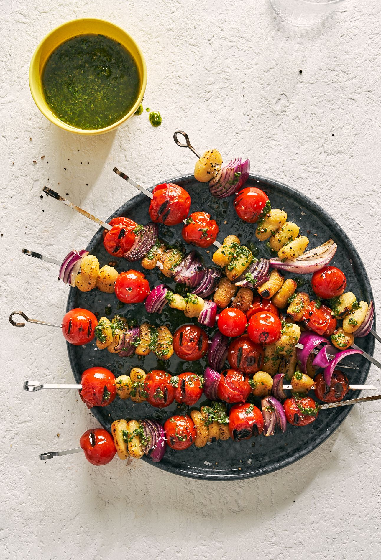 Image of tomato gnocchi kebabs on a plate