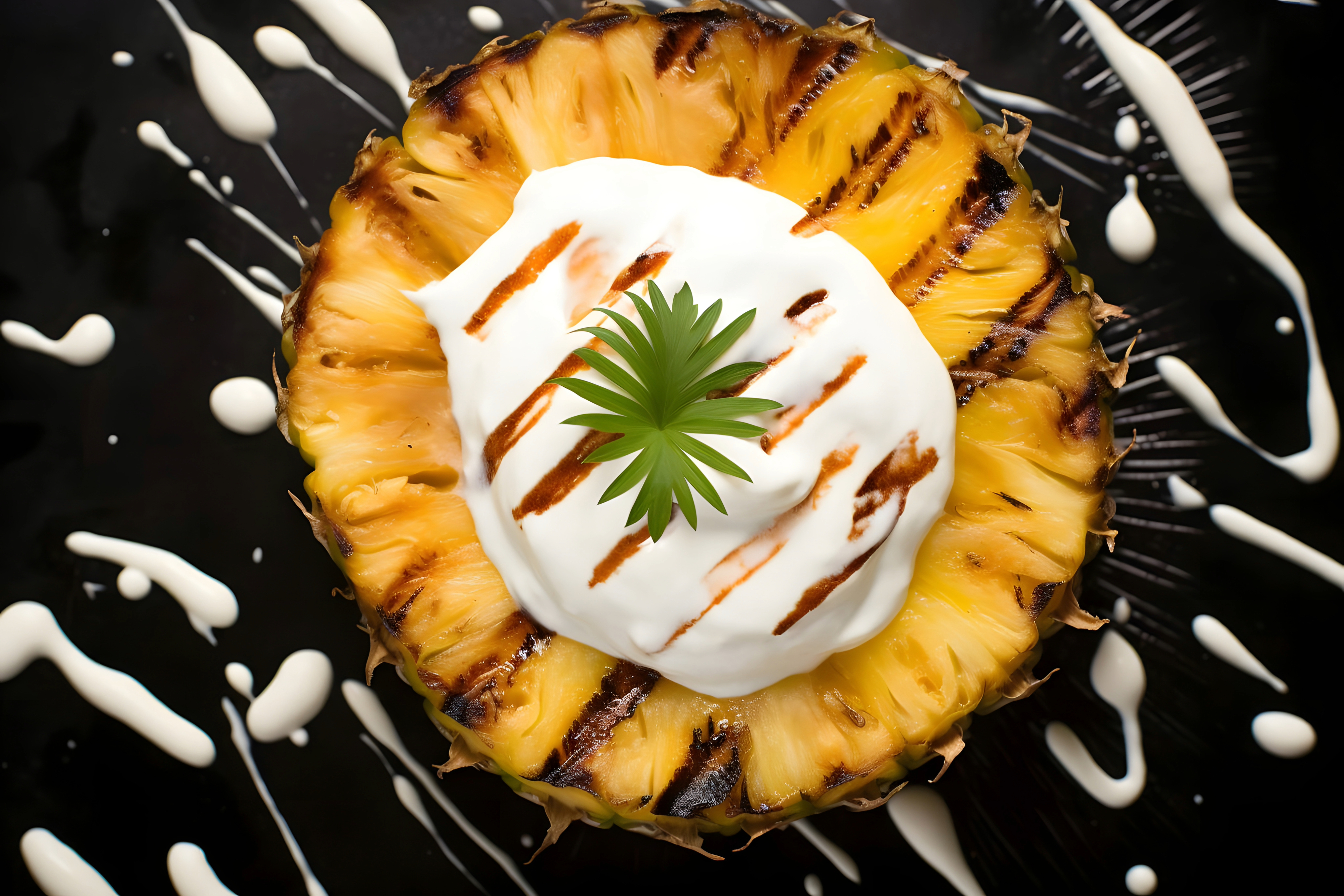 Close-up of grilled pineapple with coconut cream