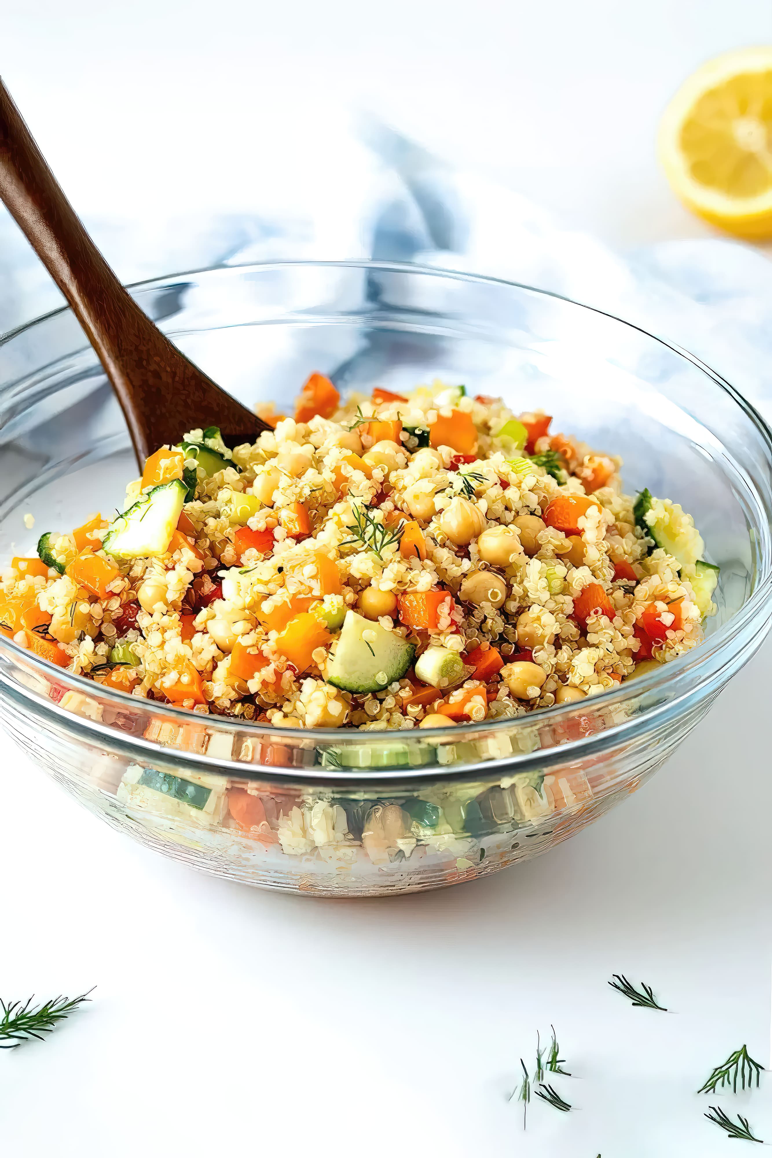 Image of quinoa chickpea salad with lemon dill dressing