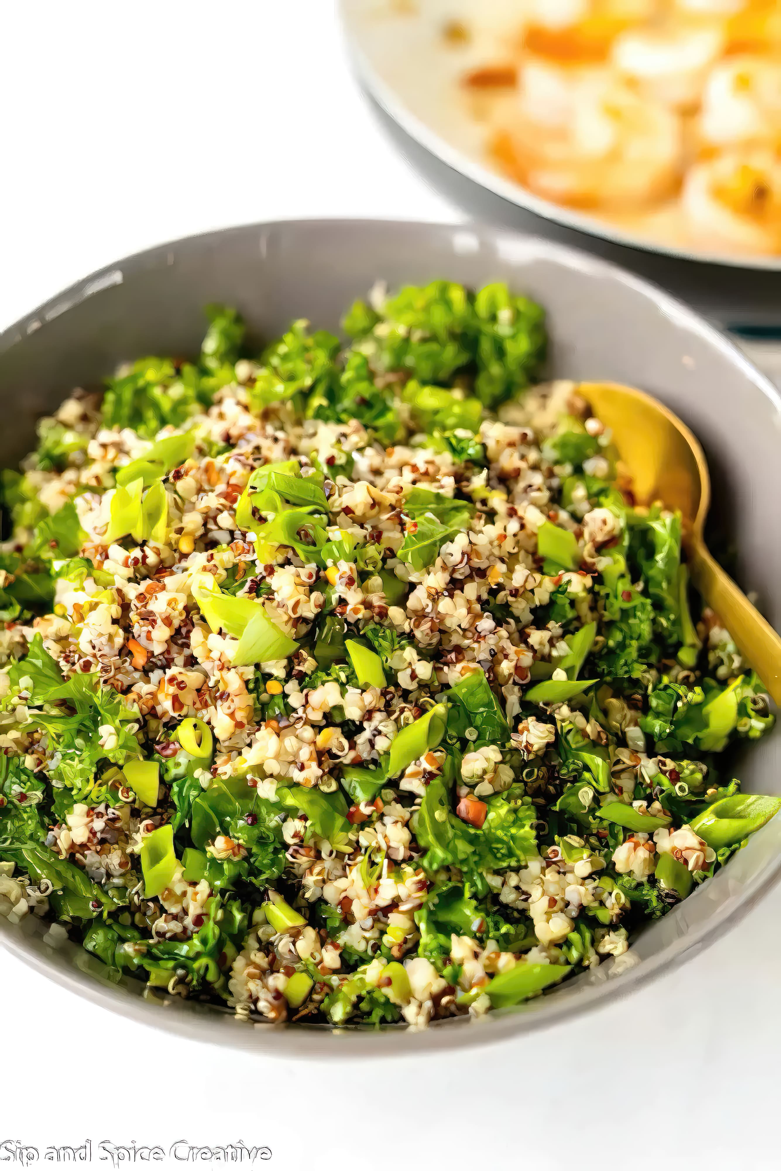 Close-up of kale quinoa salad with lemon dressing