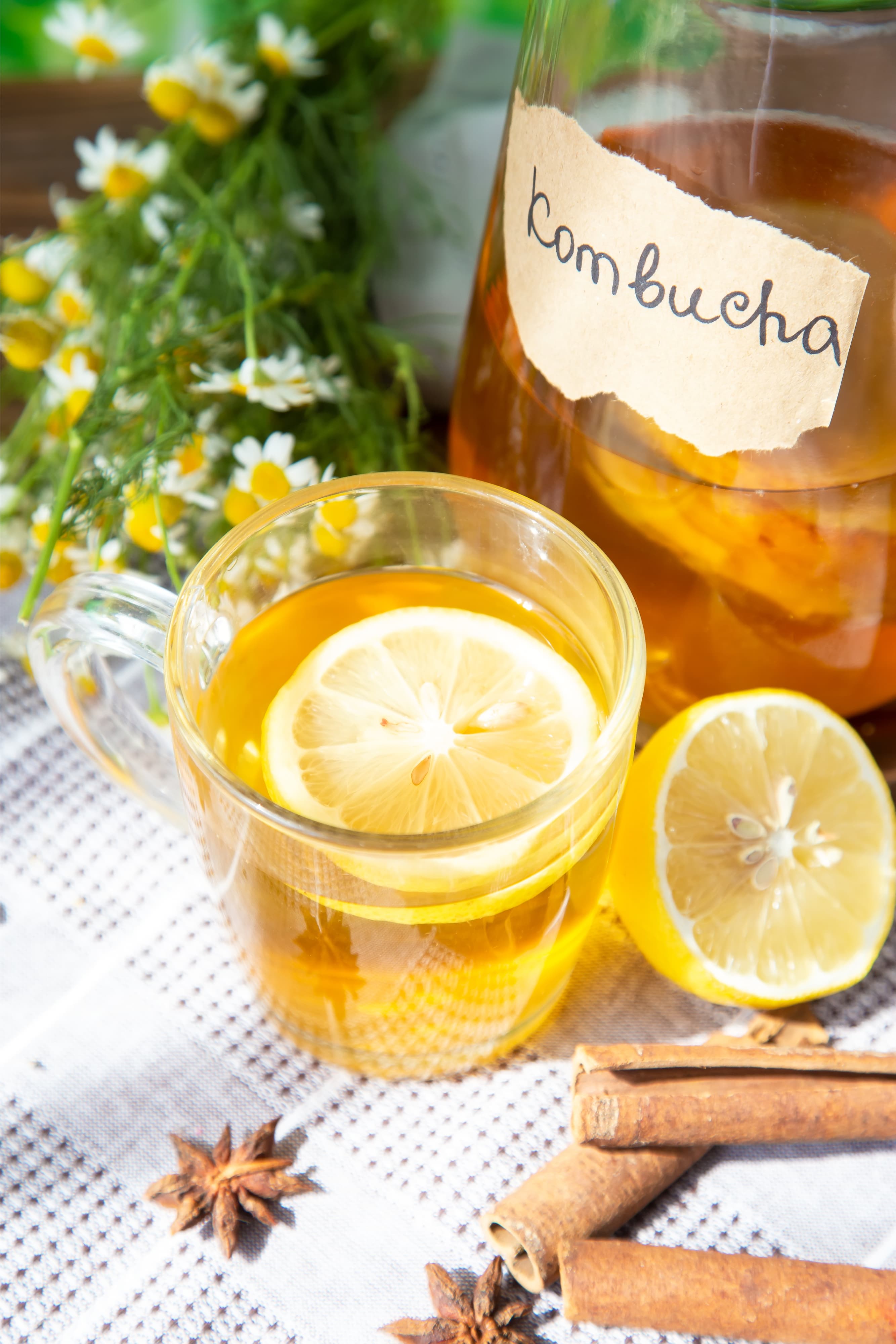 Healthy tea kombucha with lemon and cinnamon