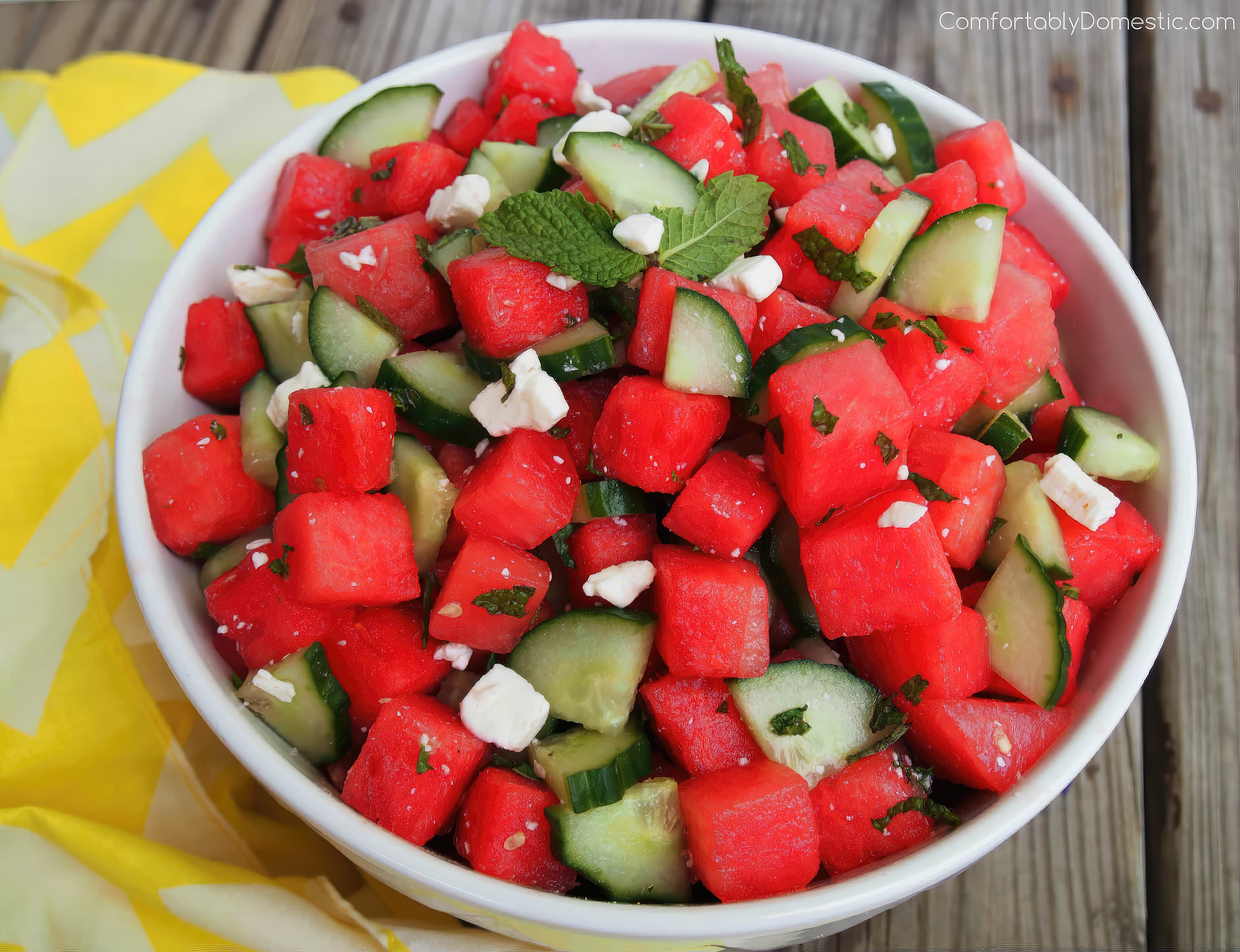 Close-up of watermelon salad with cucumber and mint