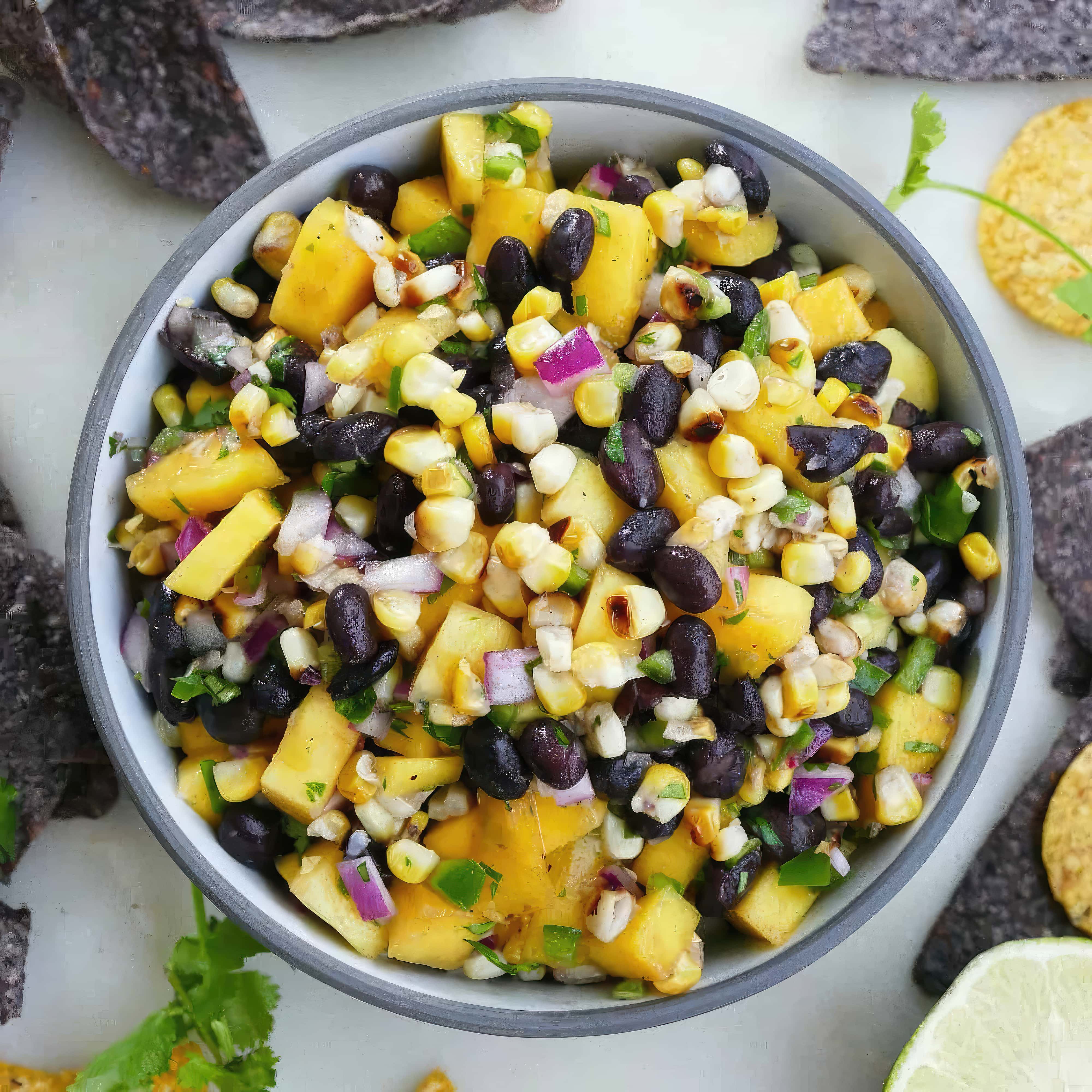 Close-up of mango corn salsa with black beans